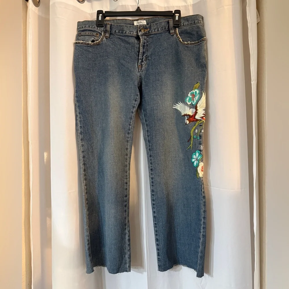 Y2K Embroidered Phoenix Low Rise Jeans 14 | Floral Bird Denim | Raw Hem | - Picture 3 of 16